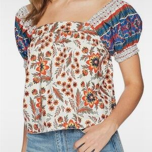 Joie Cleona Floral Smocked Puff Sleeve Cotton Top White Orange Blue M